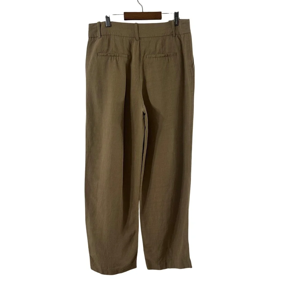 Zara Womens Small‎ Olive Brown Linen Blend High Rise Wide Leg Relaxed Pants